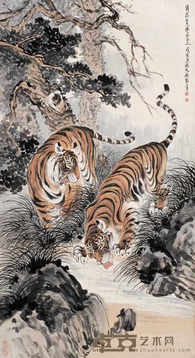 张善孖 1938年作 清溪双虎 立轴 148×80.5cm